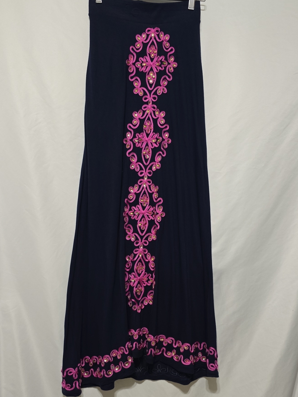 INC International Concepts Navy Pink Embroidered With Rhinestones Maxi Skirt